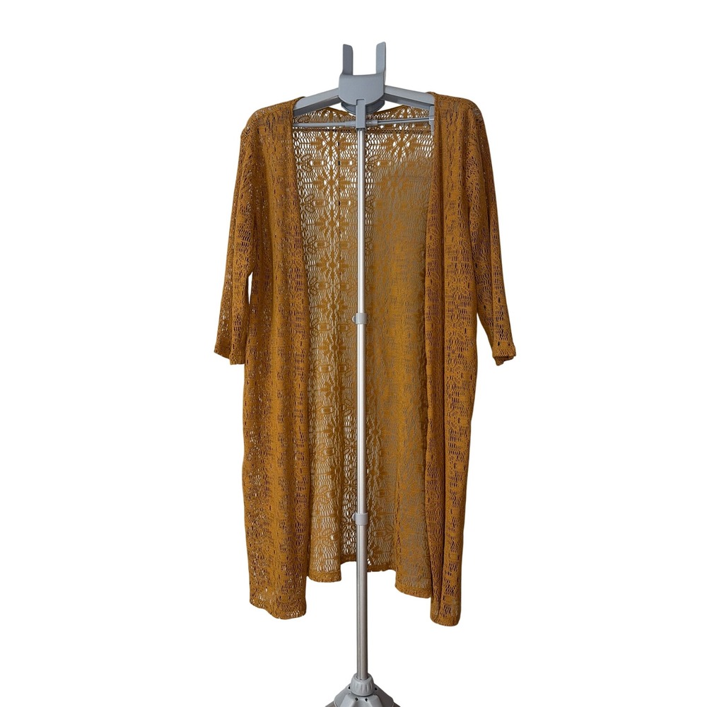 Maurices Mustard Yellow Crochet Duster Cardigan Open Knit Boho Longline XL